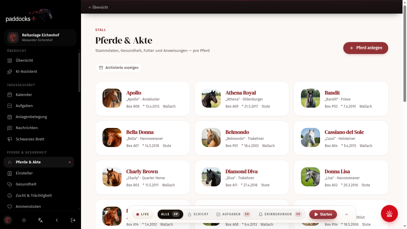 Pferdeakte mit Stammdaten, Gesundheit und Anweisungen pro Pferd in paddocks+ – Hellmodus