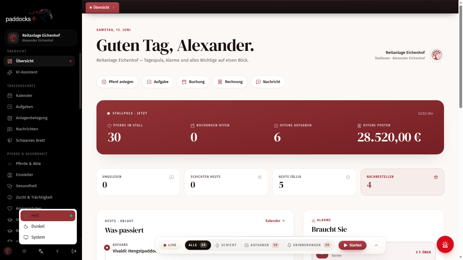 paddocks+ Demo-Dashboard der Reitanlage Eichenhof im Hellmodus